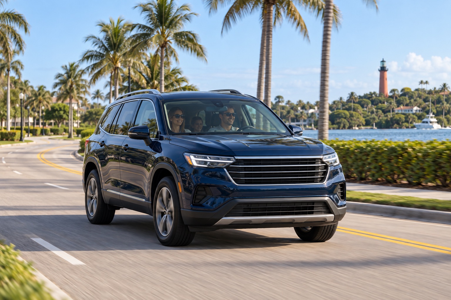 Family driving an SUV on a palm-lined roadway near the Jupiter Lighthouse