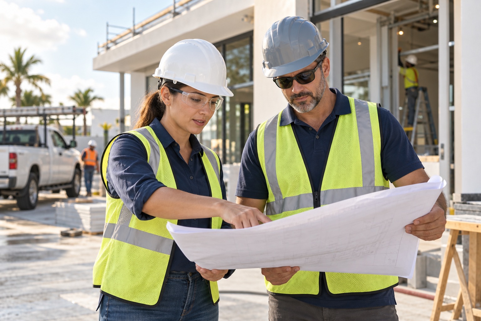 Construction professionals reviewing plans at a South Florida jobsite