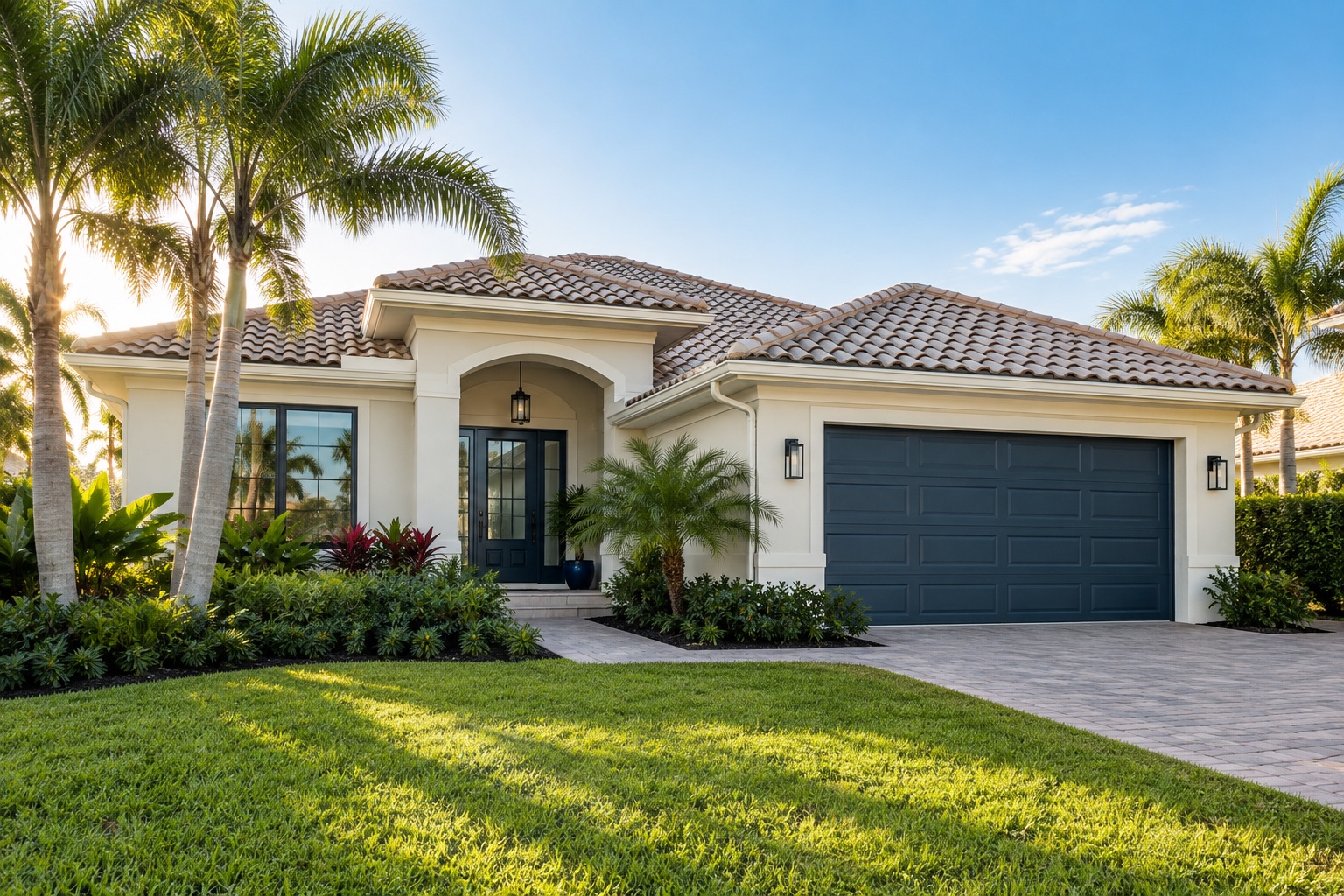 Palm-lined South Florida home with a tiled roof and landscaped lawn